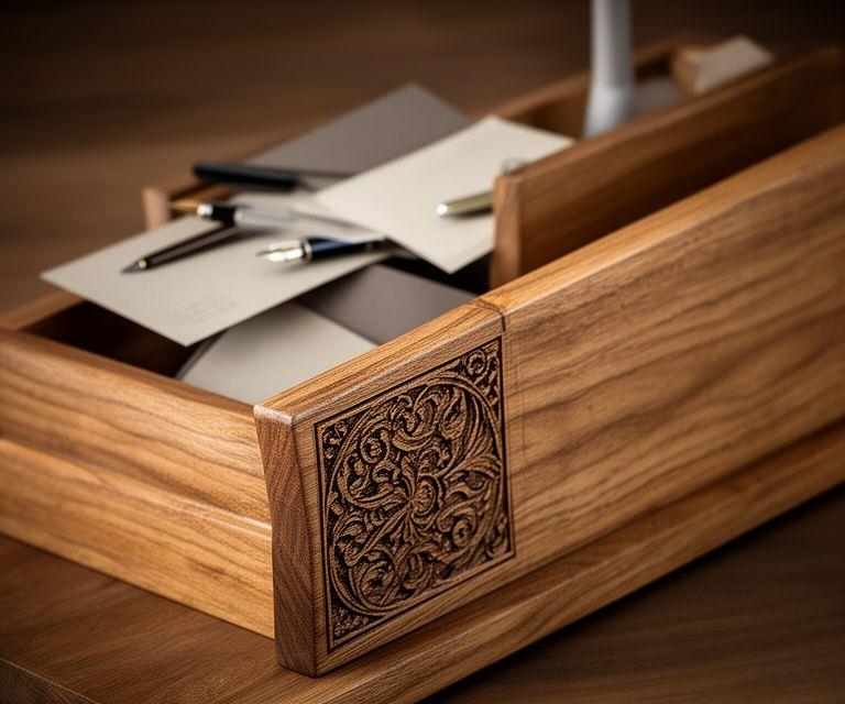 Oak desk organiser with engraved front edge displayed on a wooden surface beside a fountain pen and paper cards